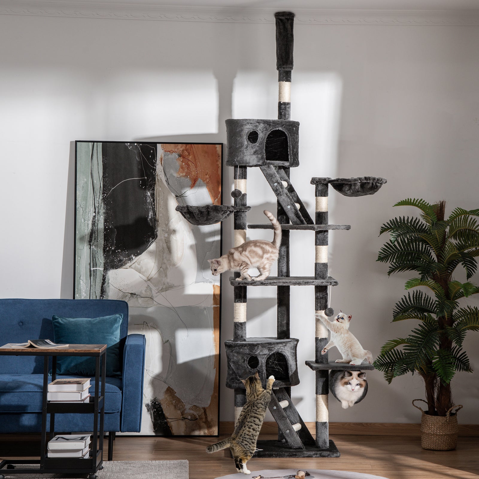 240-260cm Floor To Ceiling Cat Tree With Scratching Posts | Dark Gray