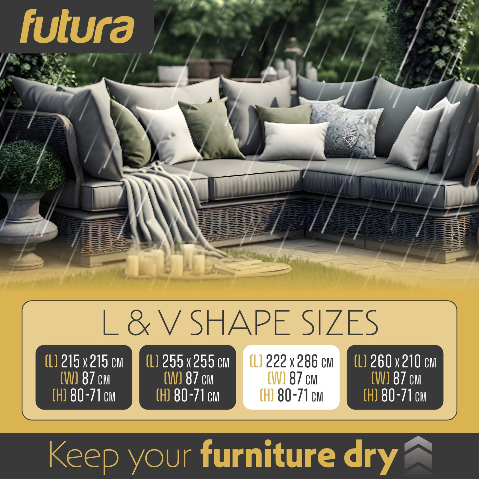 L Shaped Waterproof Garden Furniture Cover, Outdoor Patio Weatherproof Rattan Sofa Shield | 222 x 286 x 80cm | Black