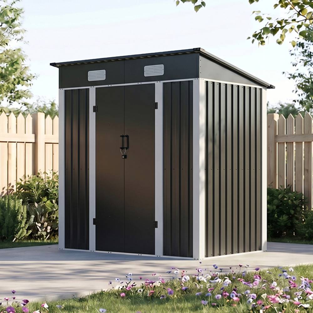 Breeins 6x4ft Lockable Metal Outdoor Storage Shed with Pent Roof, Double Hinge Doors & Air Vents, Weather-Resistant Garden Tool Storage House