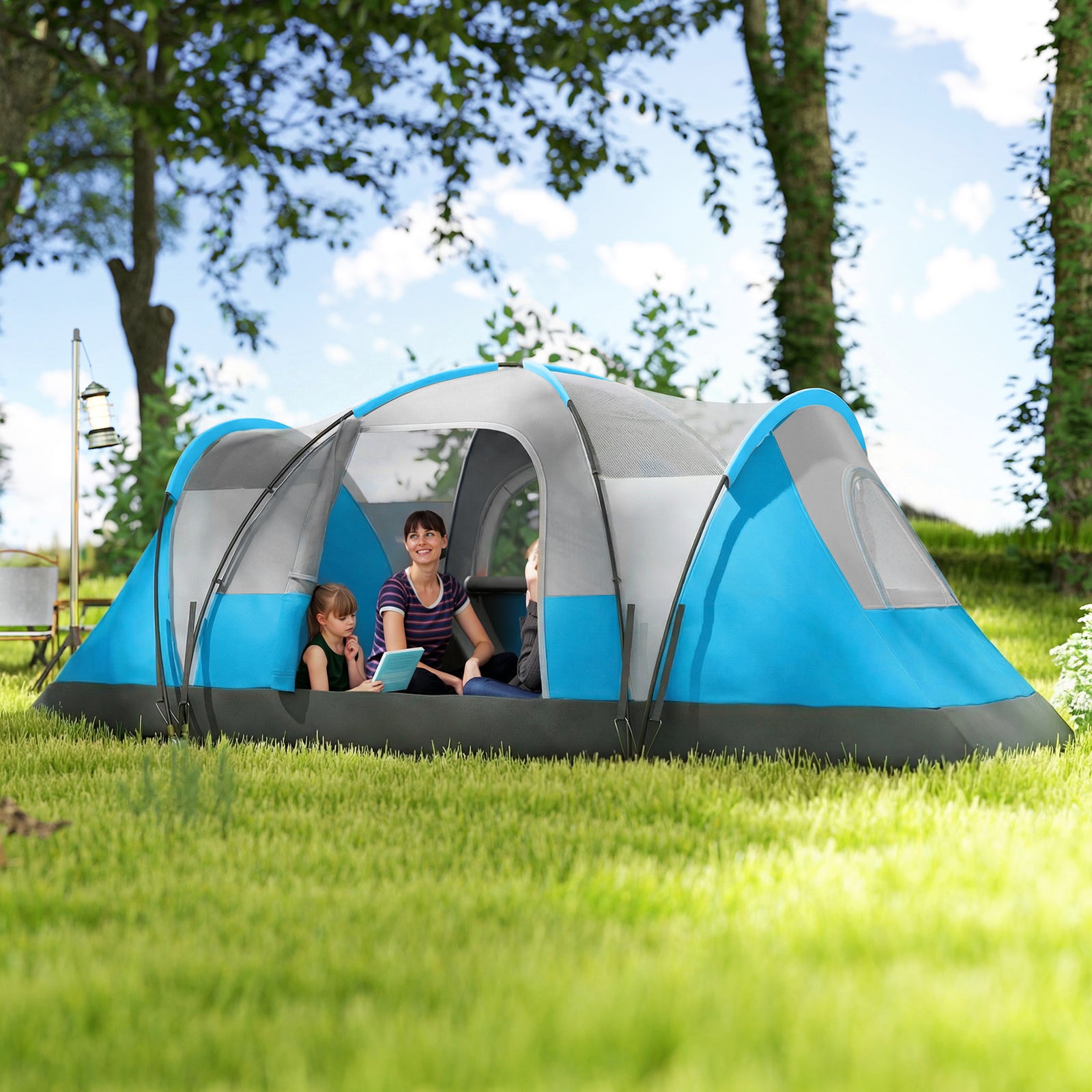 5-6 Man Camping Tent, Water Resistant Hiking Shelter | Light Blue