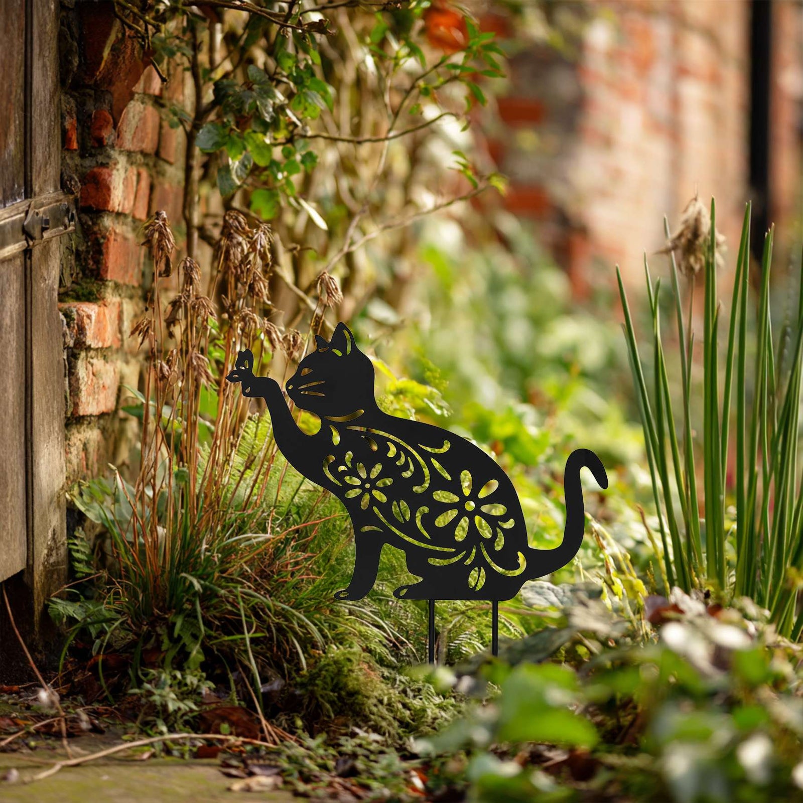 Metal Cat Silhouette Garden Ornament Outdoor Garden Decor
