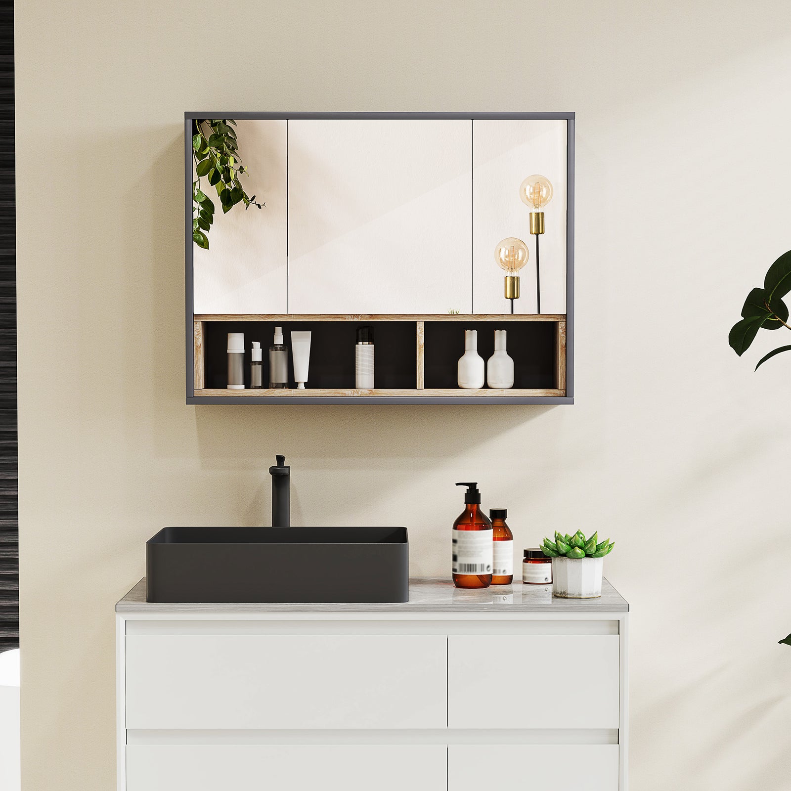 Bathroom Cabinet Wall Mounted Mirror Storage Grey