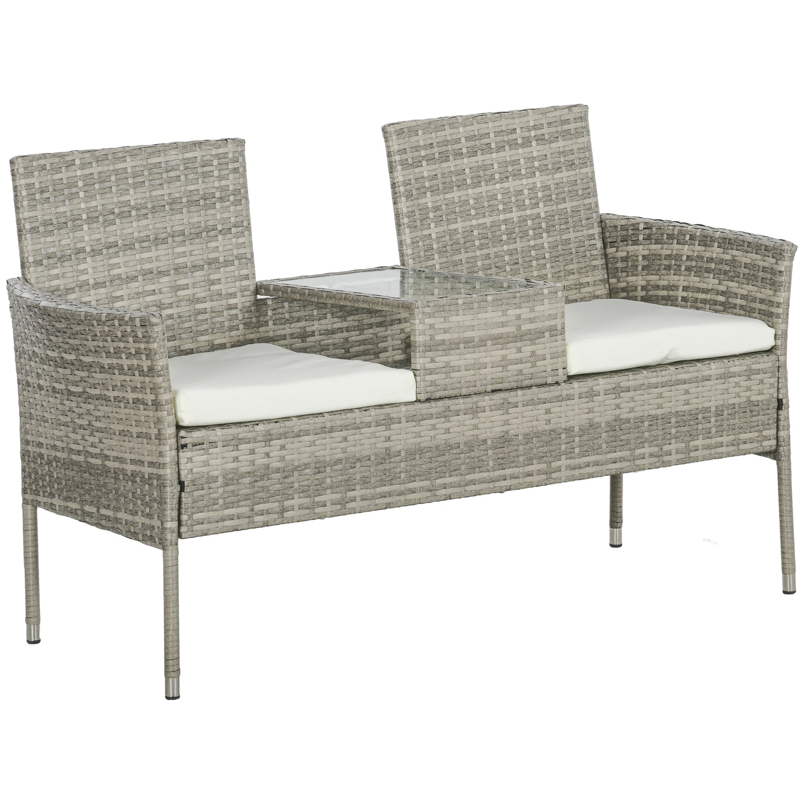 Rattan Garden Bench W/ Glass Table, Wicker Chair, Cushions | Gray