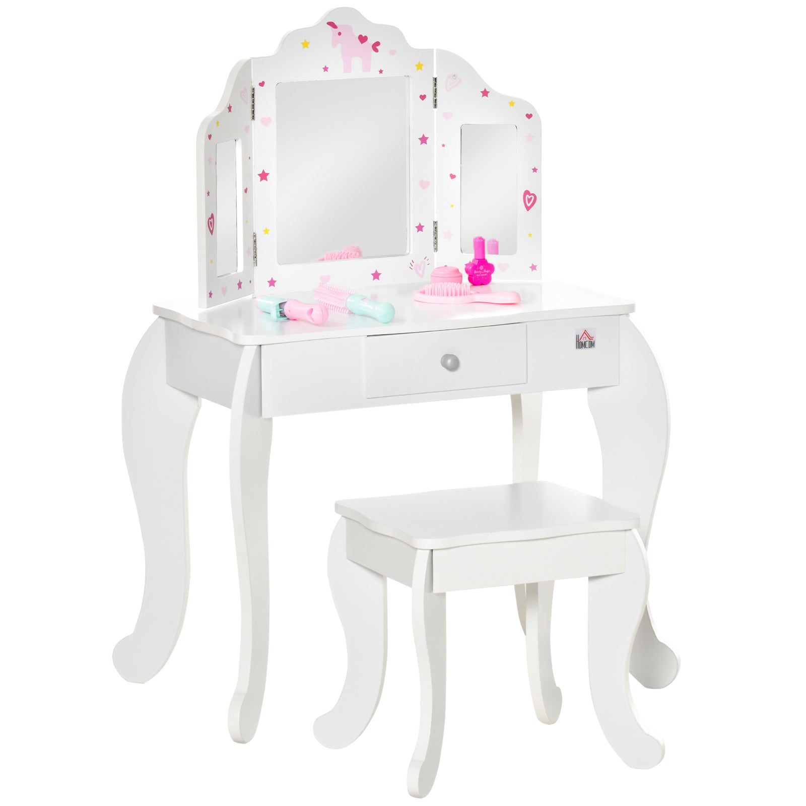 Makeup Dressing Table Set With Tri-folding Mirror And Drawer | White
