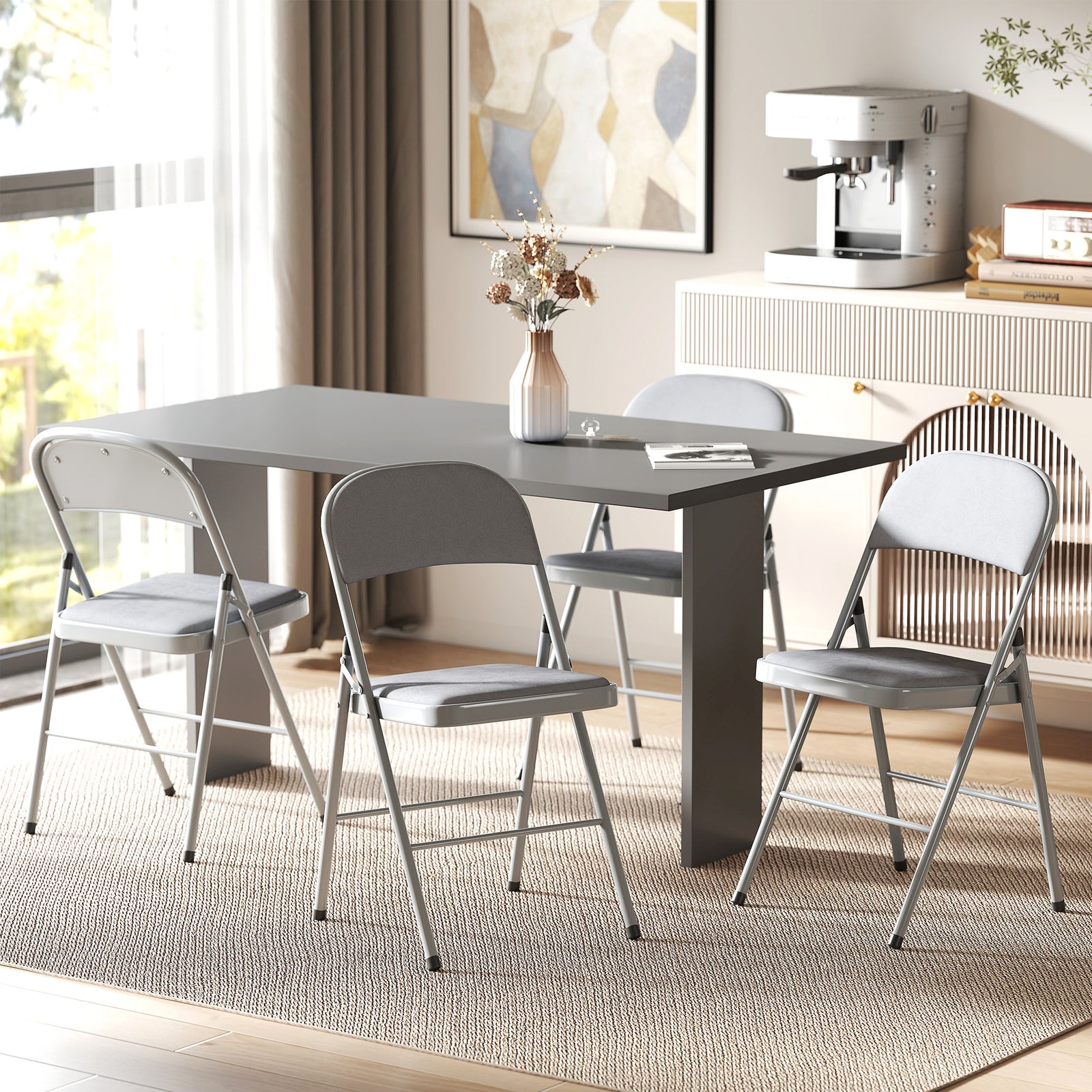 HOMCOM Folding Chairs Set Of 4, Foldable Chairs With Cushions, Light Grey