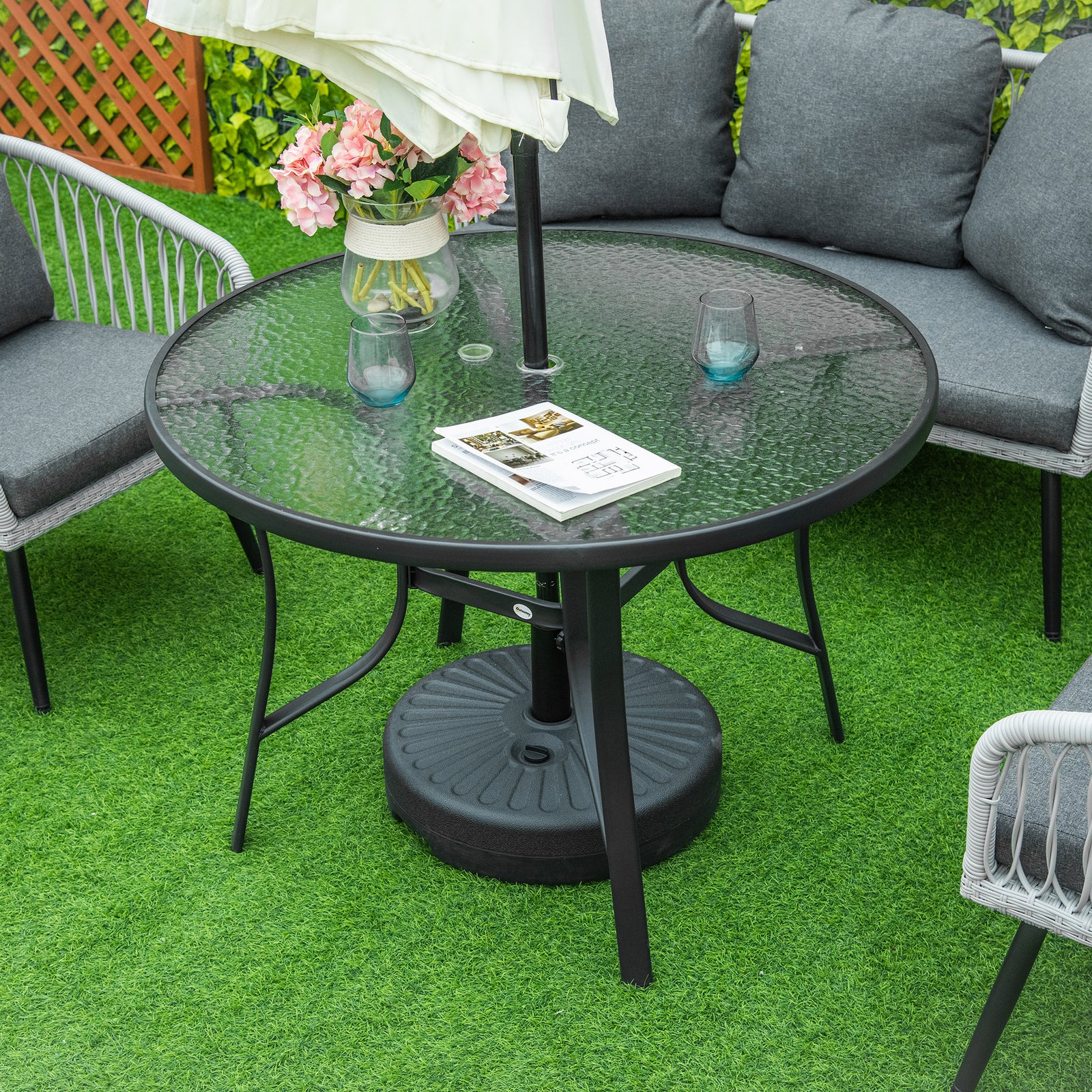 106cm Round Garden Dining Table W/ Tempered Glass Top