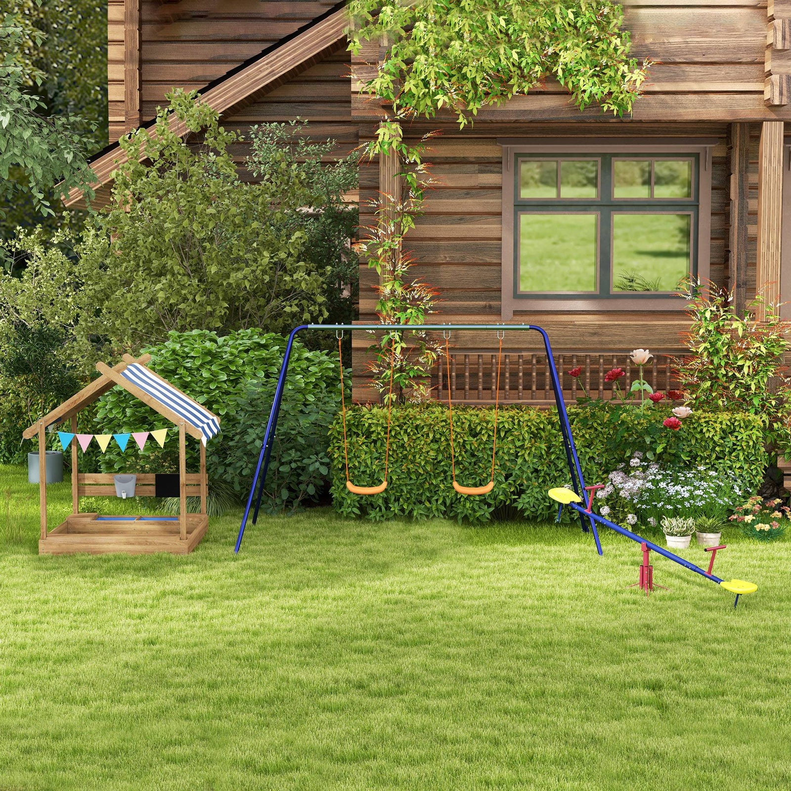 Sand Pit With Canopy, Blackboard, Toys, Sink, Seats, Flags For Kids | Brown