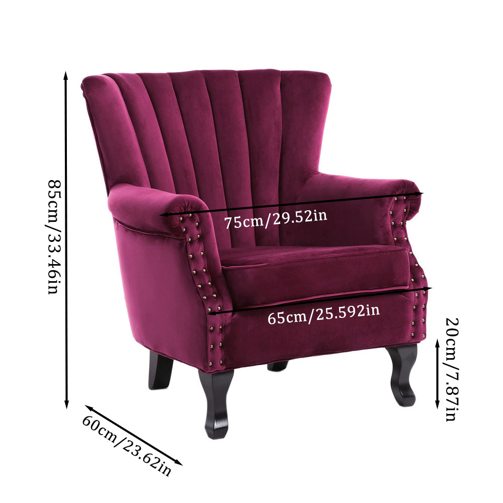 Vintage Old-fashion Velvet Wing Back Armchair With Studs | Wine