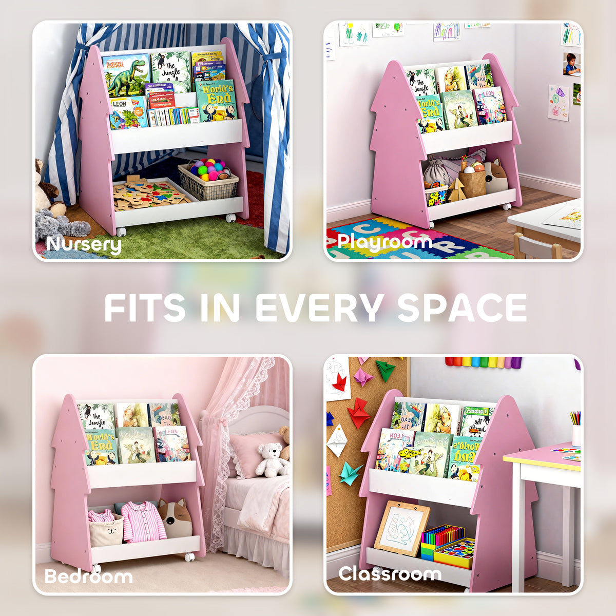 AIYAPLAY Double-sided Children's Bookcase With Wheels For Playroom, Pink