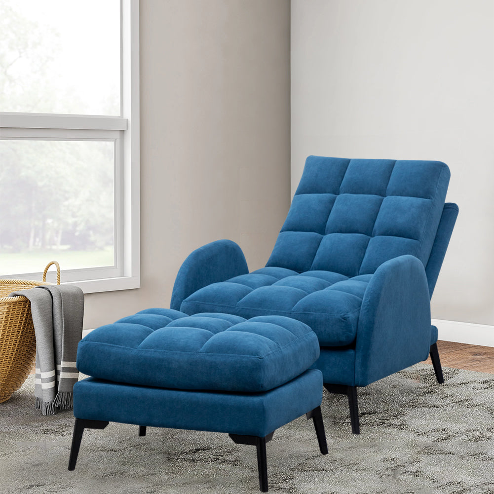 Frosted Velvet Armchair With Footstool Set– Adjustable 110°-180° Recline, Cozy Upholstered Chair With Metal Legs, Ergonomic Comfort | Blue