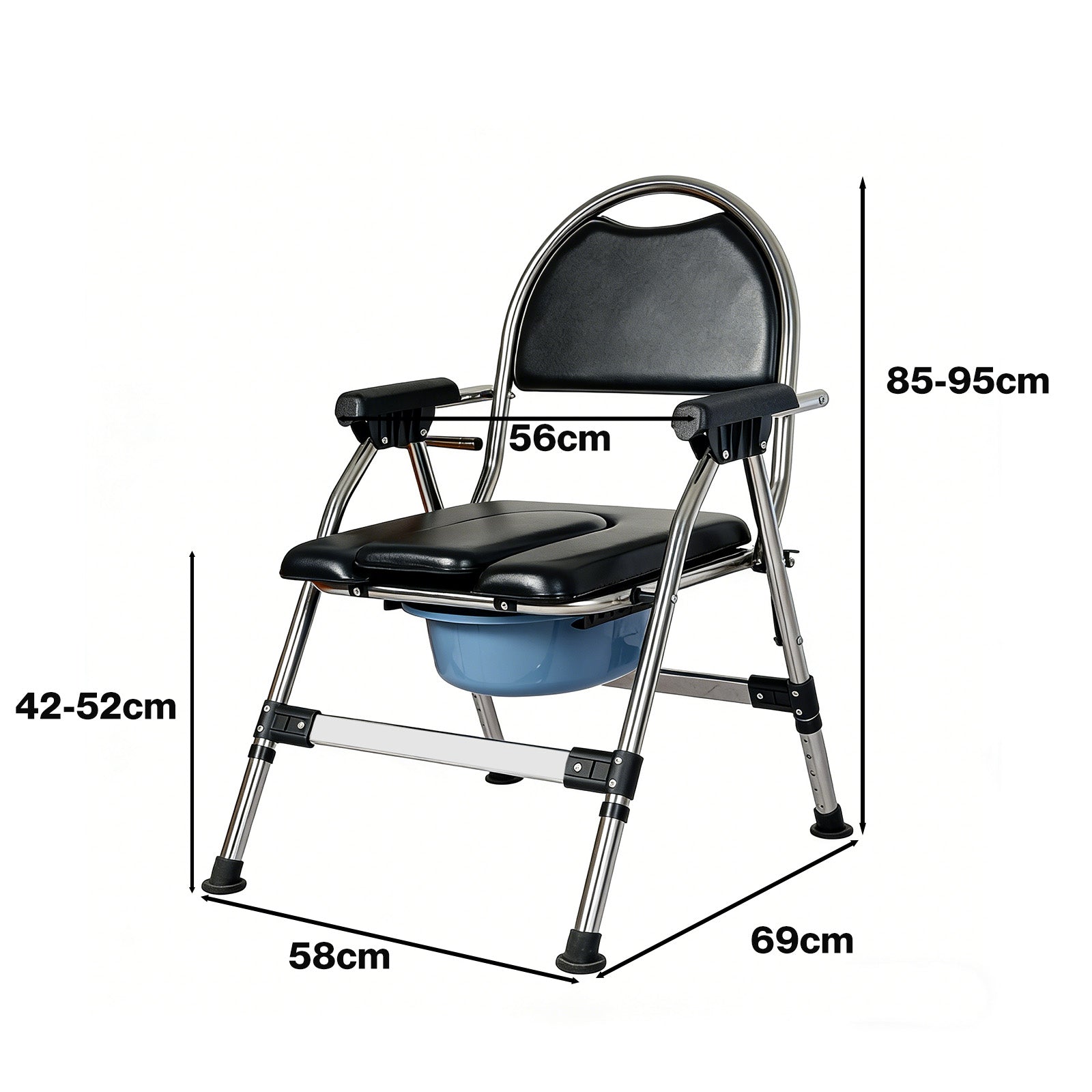Folding Commode Chair Adjustable Height Bedside Toilet Shower Seat 150kg | Black