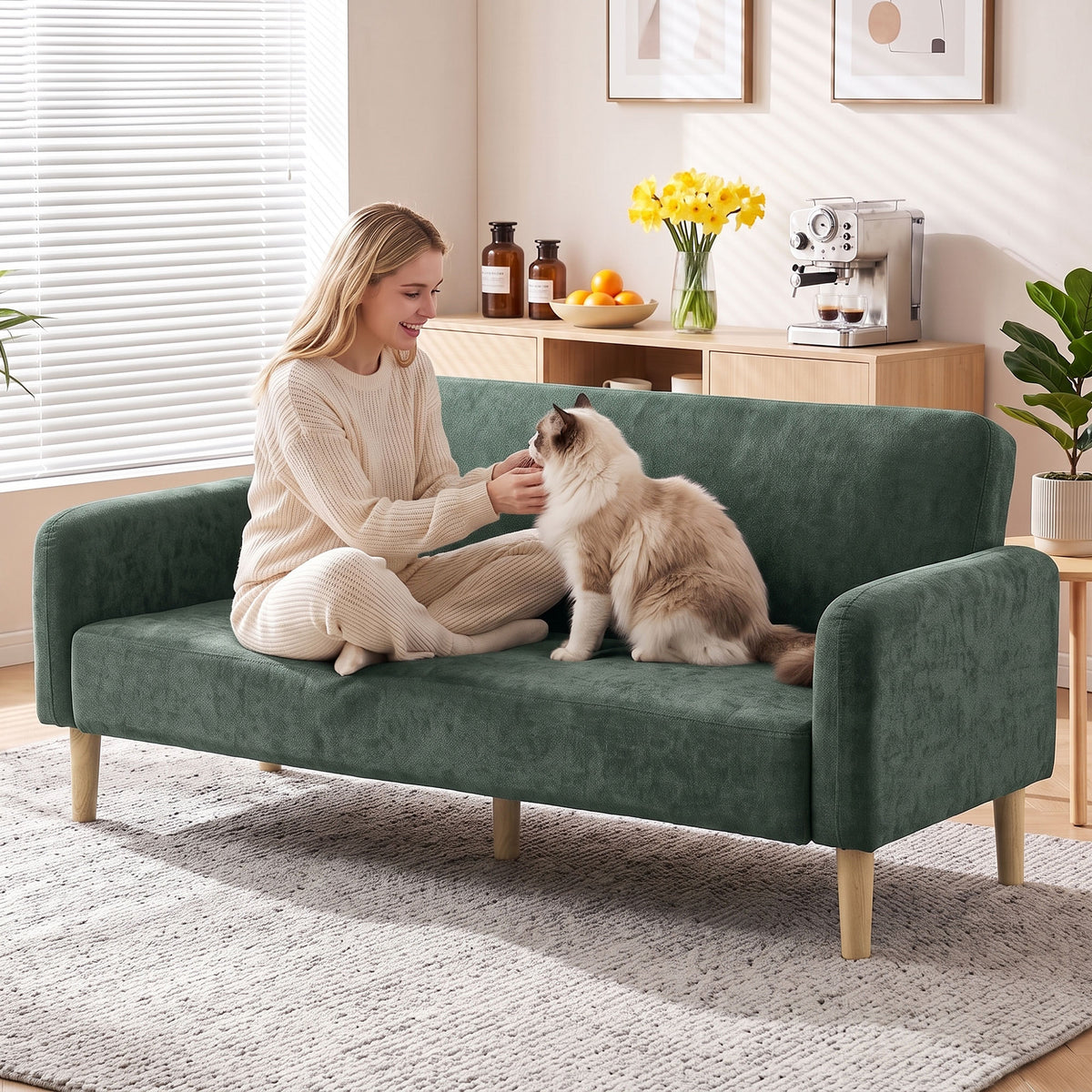 2 Seater Sofa, Velvet Small Couch With Plush Backrest | Dark Green