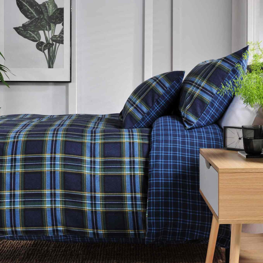 Willington Check Printed Brushed 100% Cotton Bedlinen Duvet Set | King | Blue