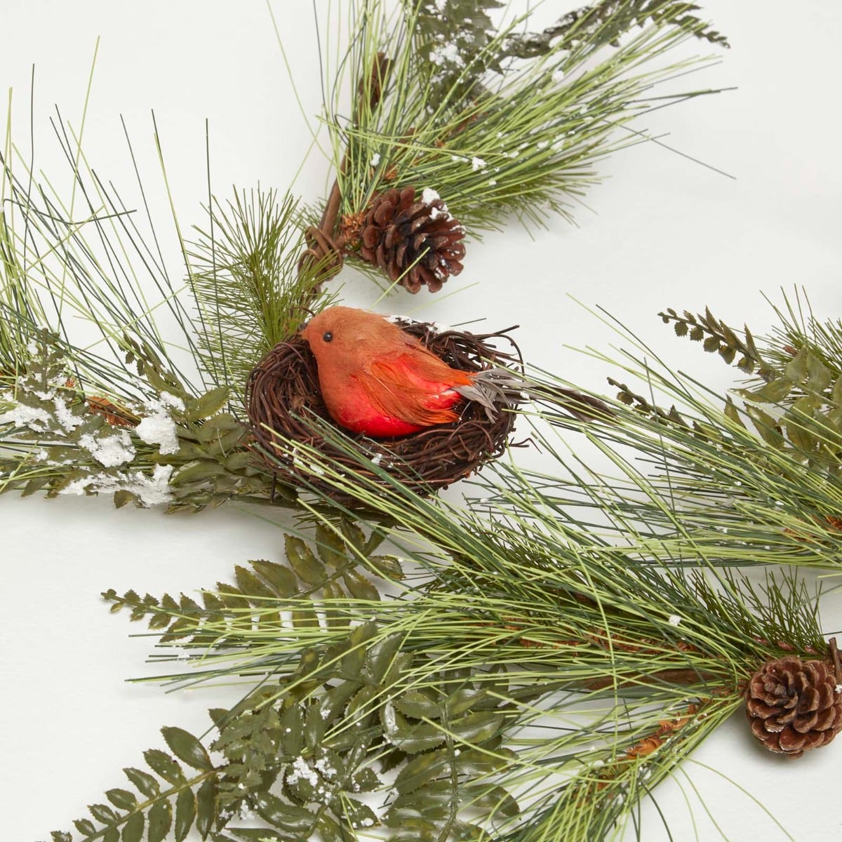 HOMESCAPES Festive Christmas Garland With Artificial Pine And Robins Nests 5ft