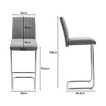 Set Of 2 Grey Pu Leather Bar Stools – Mid Back Counter Chairs With Channel Backrest & Metal Legs | Grey