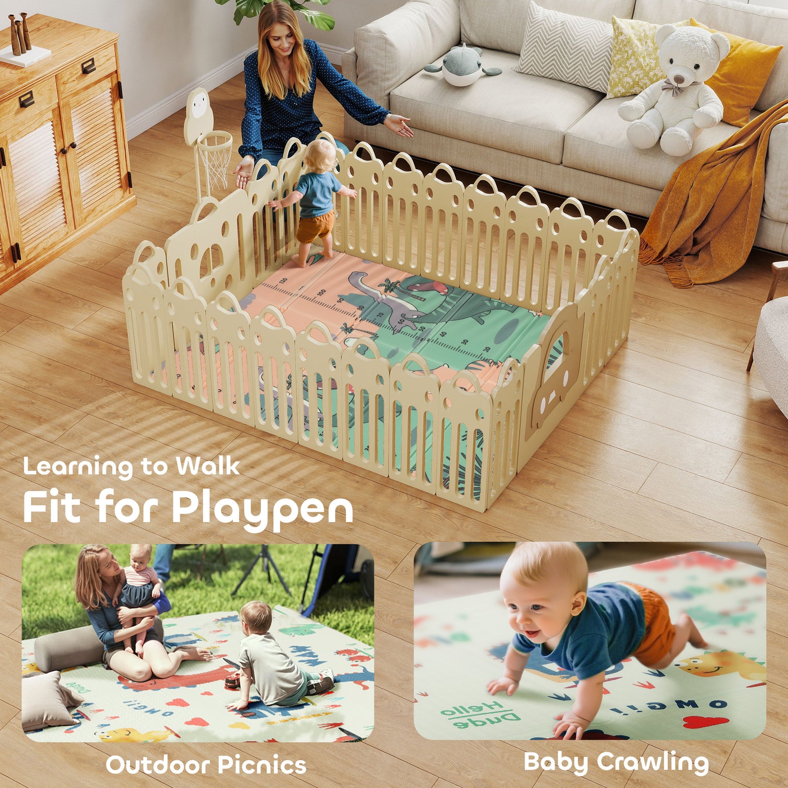 Baby Play Mat, Double Sided Crawling Mat, Dinosaur Theme
