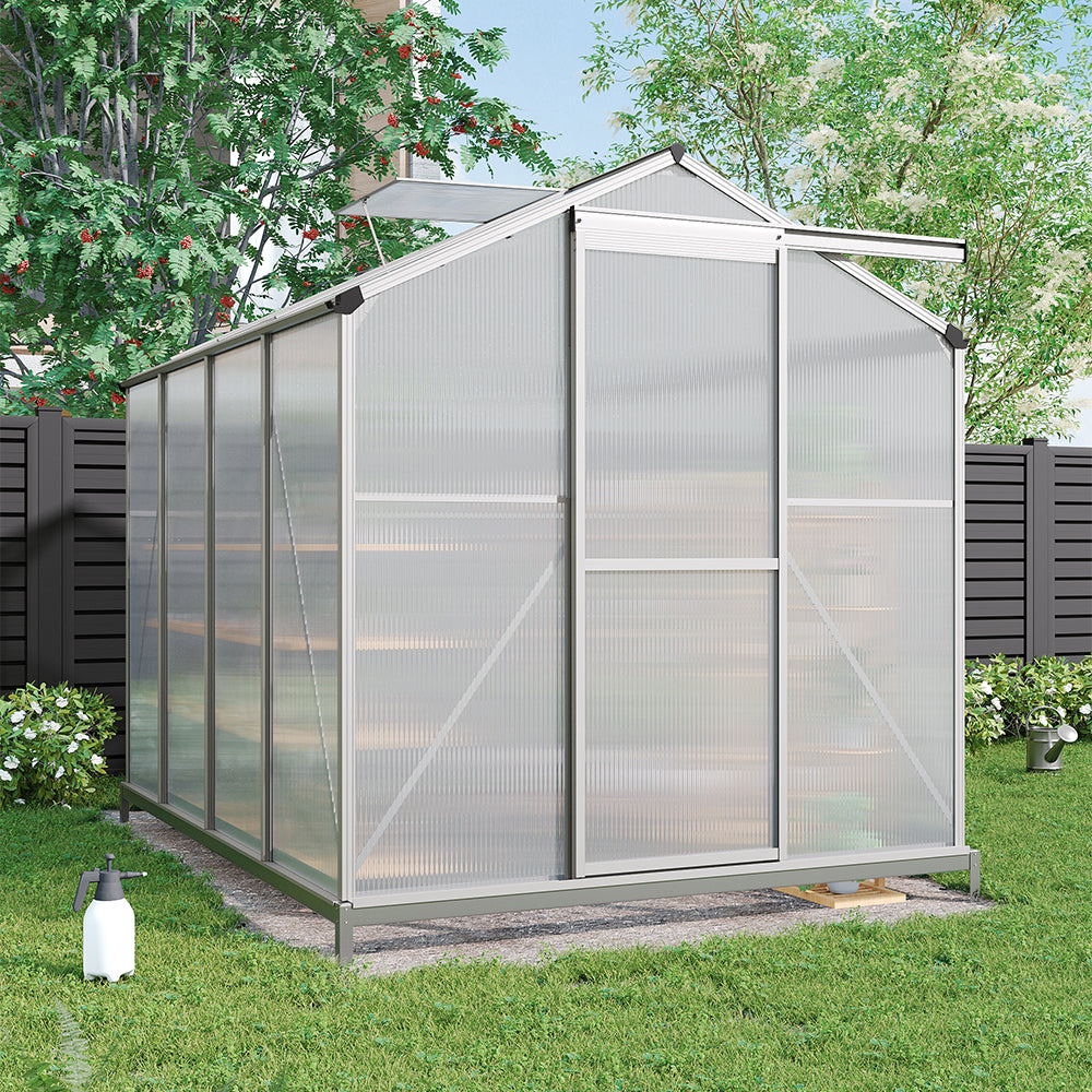 Polycarbonate Greenhouse With Base– Aluminum Frame Walk-in Greenhouse With Sliding Door & Ventilation Window For Plants & Flowers | Large | Clear