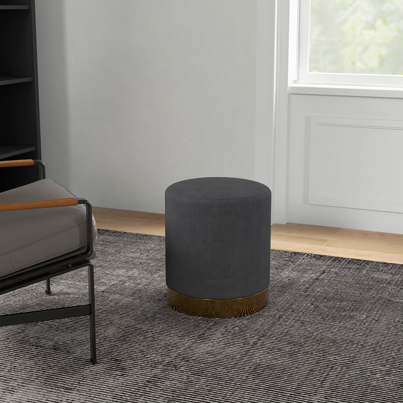 Modern Round Footstool, Fabric Upholstered Foot Rest | One Size | Charcoal Gray