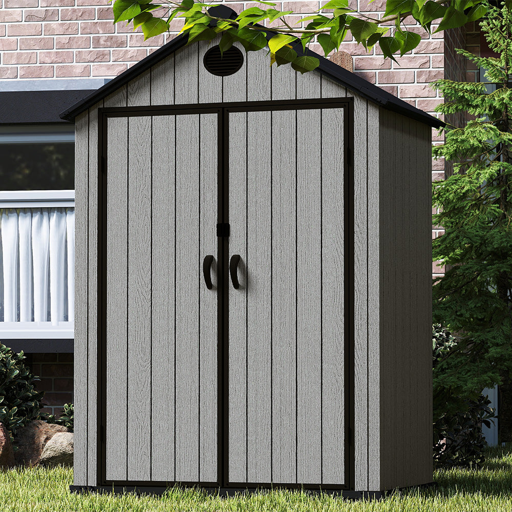 6x4ft Garden Tool Shed With Apex Roof & Combination Lock – Grey Wood Grain Storage Shed With Window & Vents