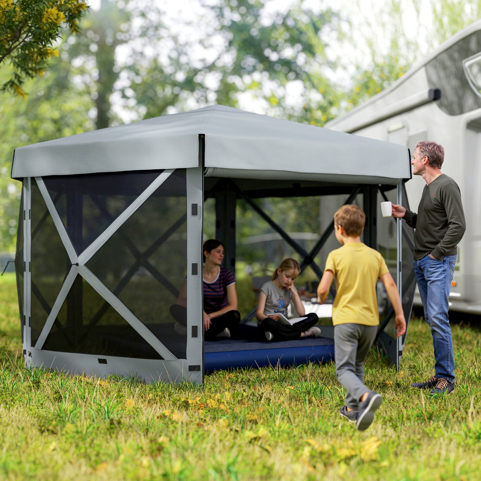 3 X 3(m) Hexagon Pop Up Gazebo With 5 Sides, Netting | Light Grey