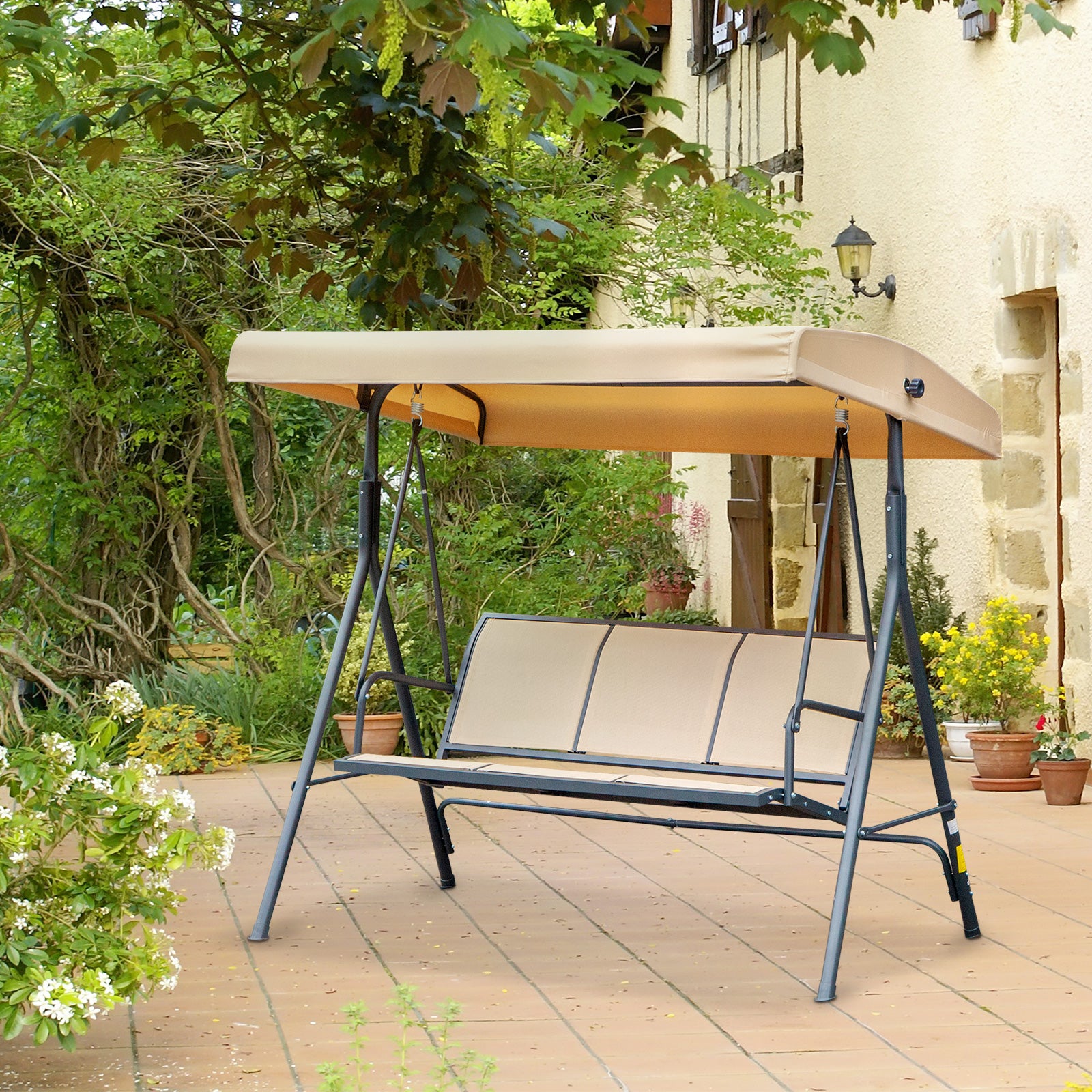 3 Seater Garden Swing Patio Hammock With Canopy For Outdoor | Beige