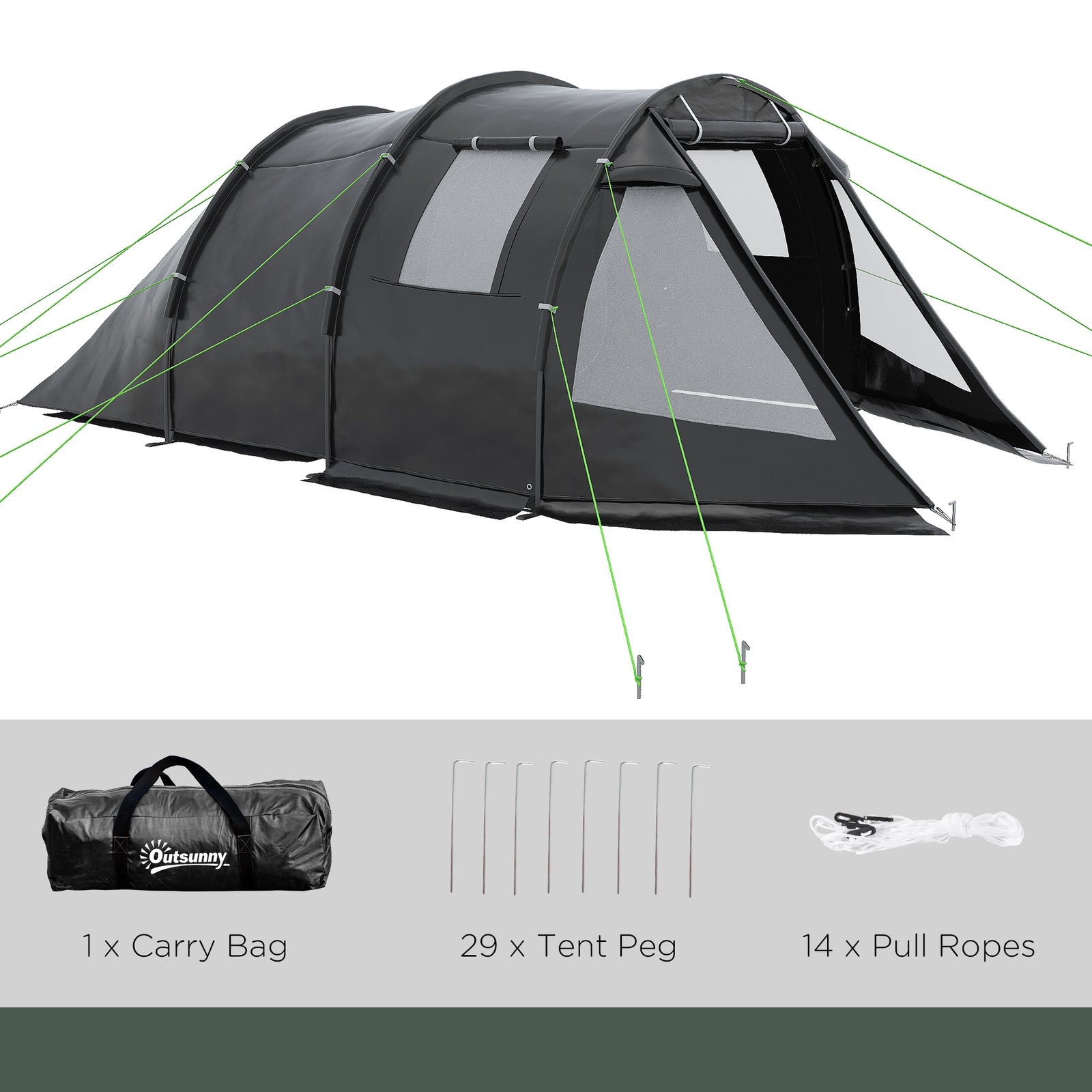 3-4 Persons Tunnel Tent, Two Room Camping Tent W/ Windows | Black