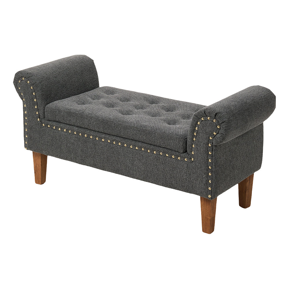 Linen Upholstered Storage Bench With Nailhead Trim & Wooden Legs – Modern Entryway Or Bedroom Seat 106cm W | Grey