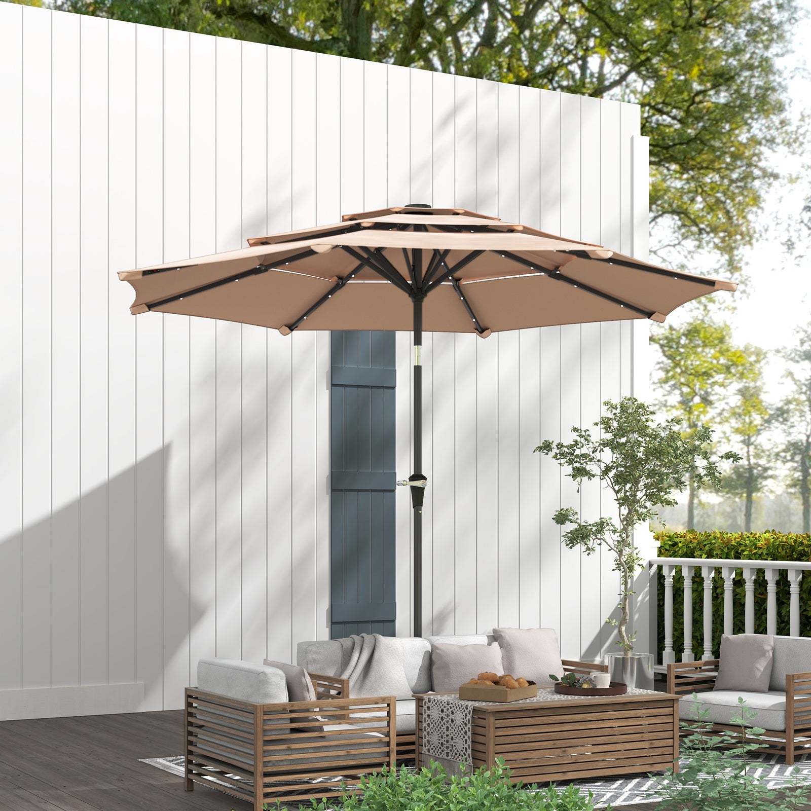 3-tier Garden Parasol W/ Solar Led Lights, Tilt, Crank | Khaki