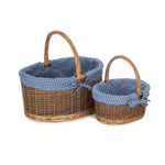 Blue Checked Lined Country Oval Wicker Shopping Basket | Set-of-2 | Blue