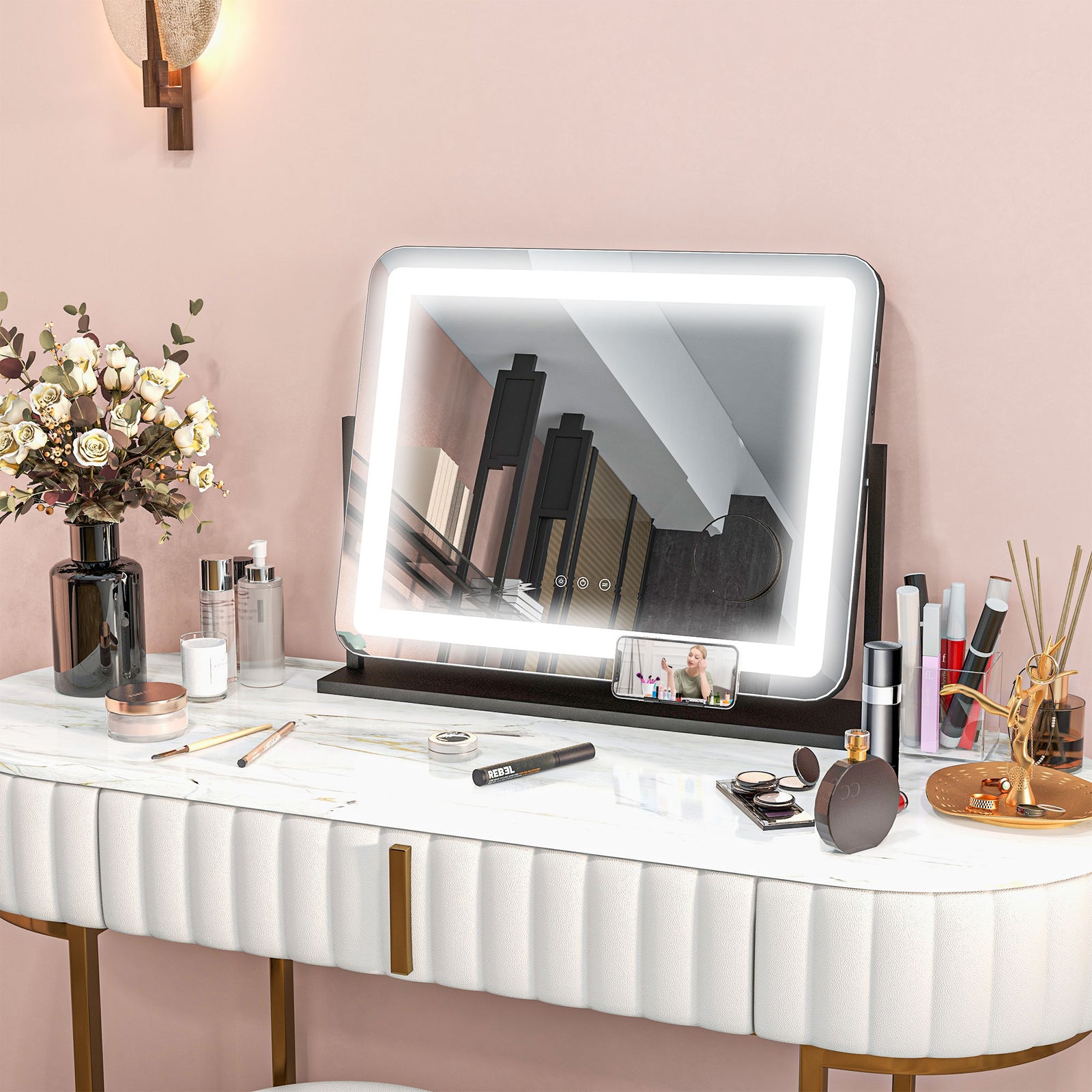 Dimmable Lighted Makeup Mirror With Magnifier, Usb Port