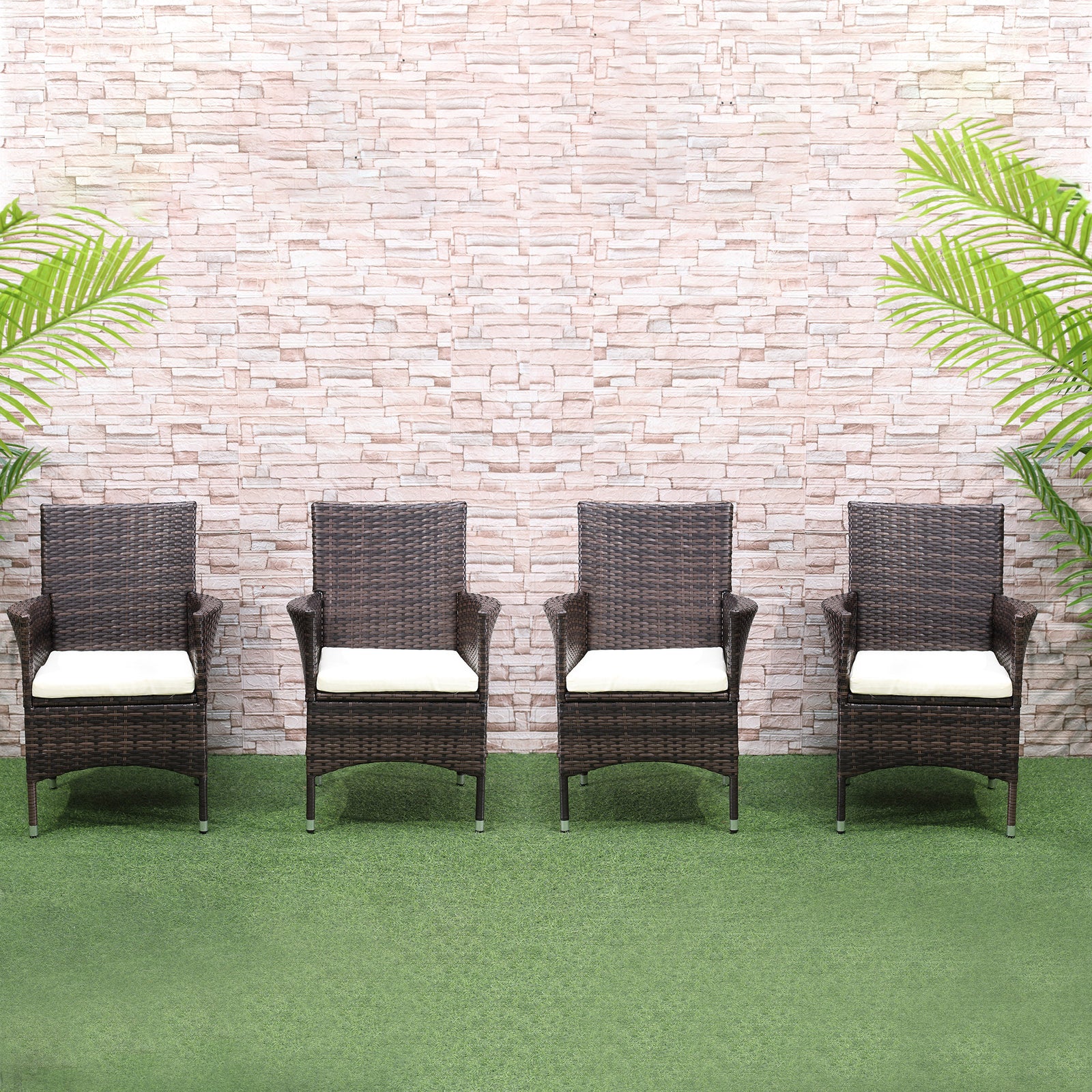 Outdoor Rattan Armchair Wicker Dining Chair Set For Garden | Set of 4 | Brown