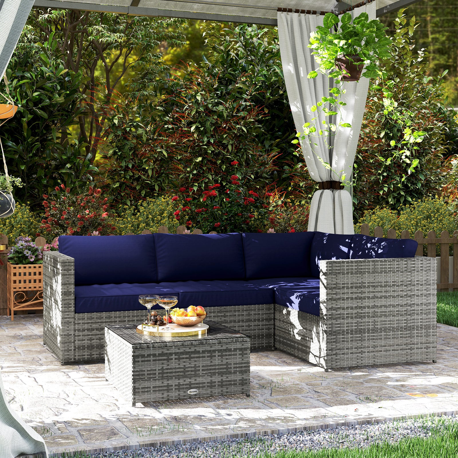 3pcs Rattan Corner Sofa Set With Coffee Table, Cushion, Blue