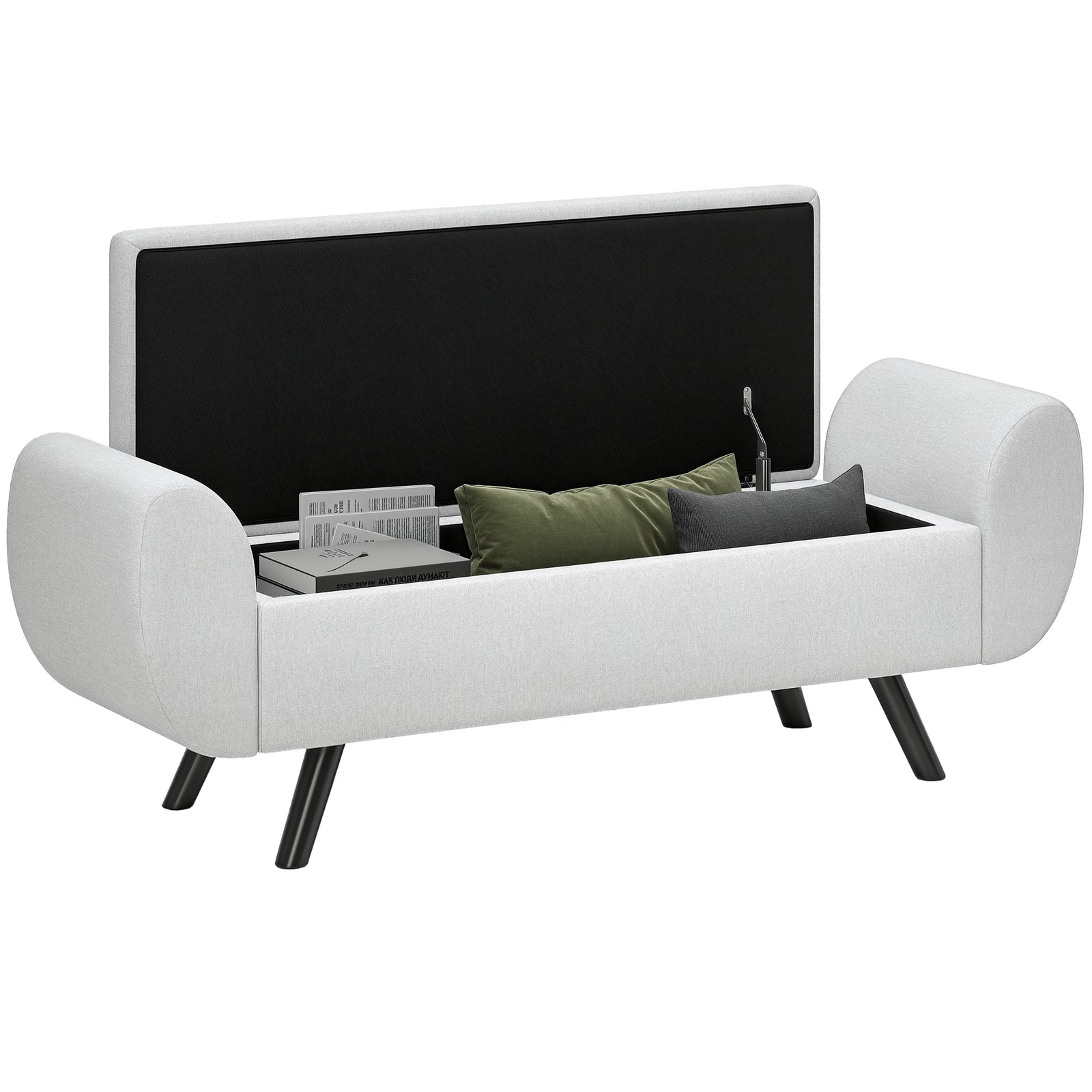 Storage Ottoman With Armrest, Upholstered Linen Storage Bench | Light Grey
