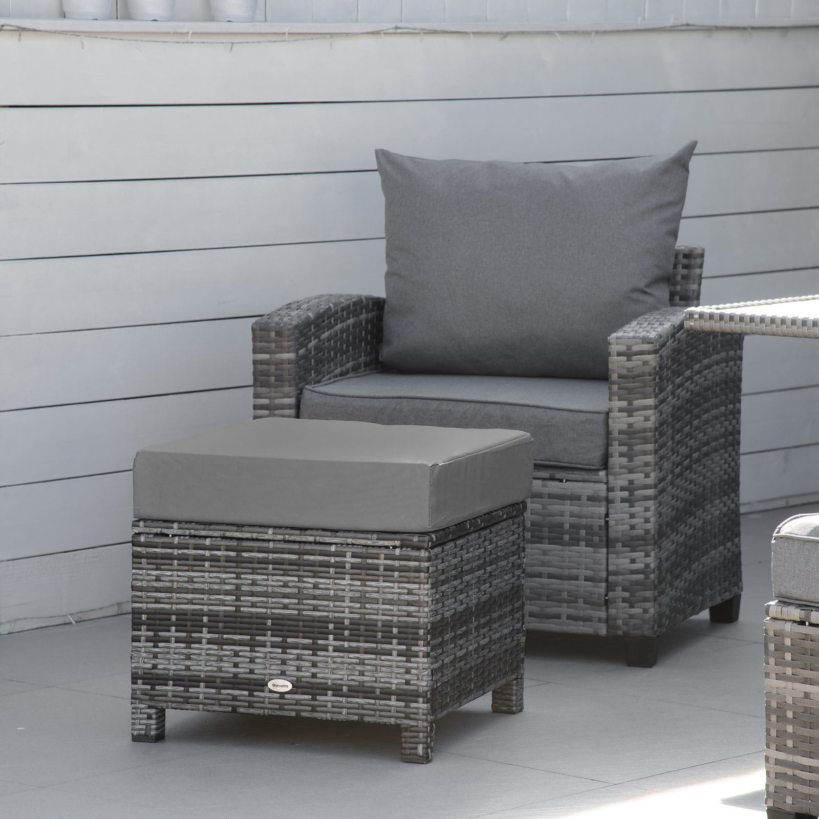 Rattan Footstool Wicker Ottoman With Padded Seat Cushion