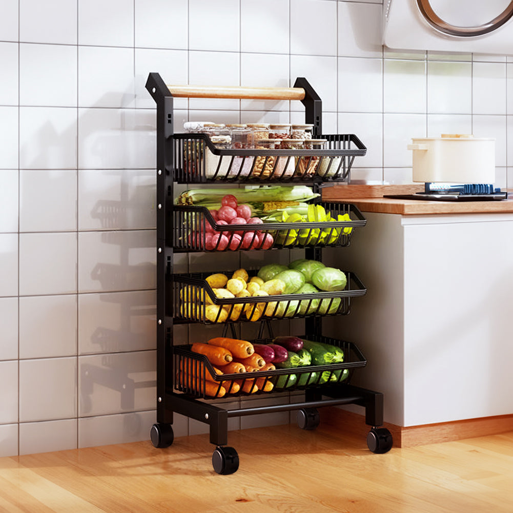 3/4/5-tier Adjustable Black Carbon Steel Storage Cart Rolling Utility Organizer Trolley With Wooden Handle | Medium | Black