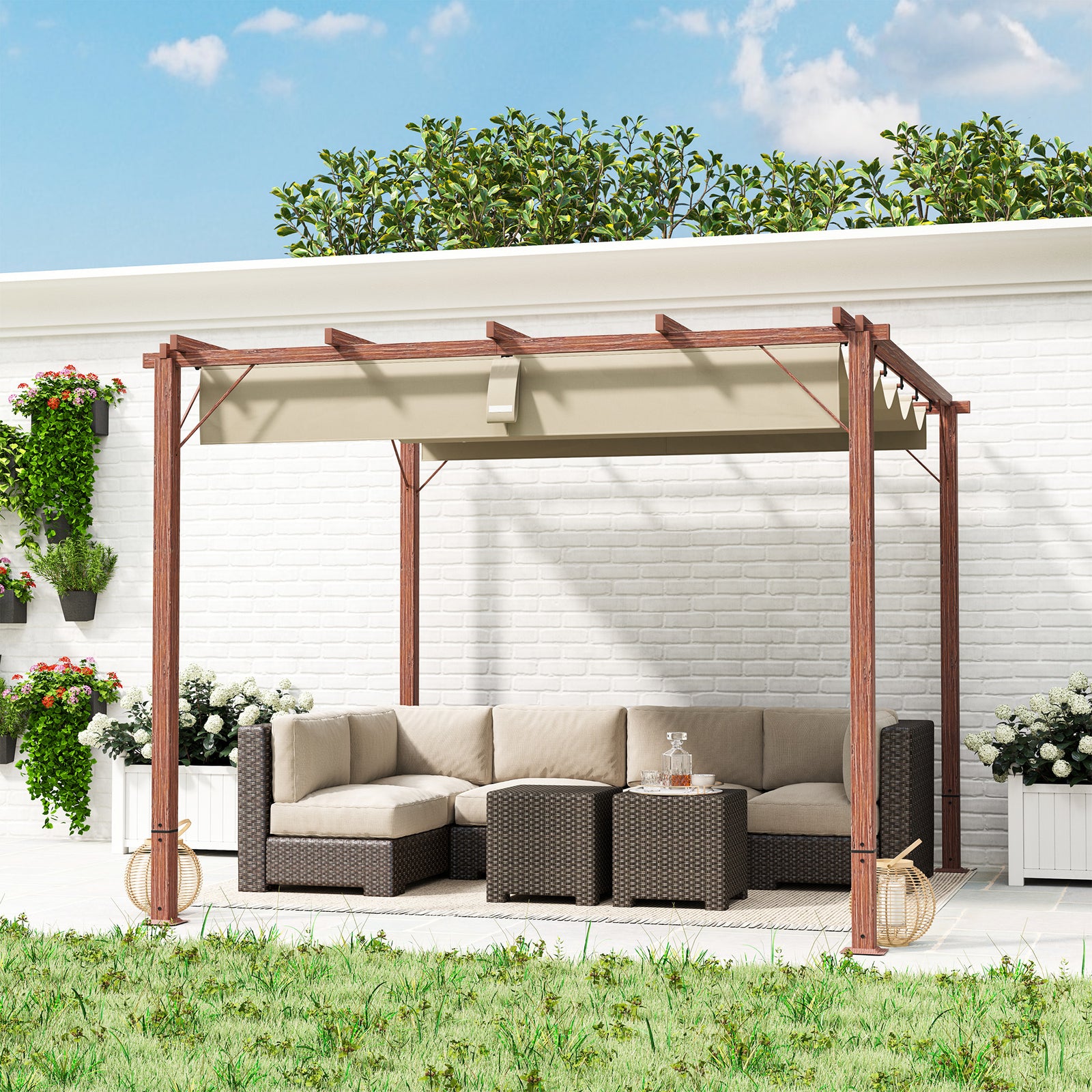 3 X 3(m) Aluminium Garden Pergola With Retractable Roof | Natural