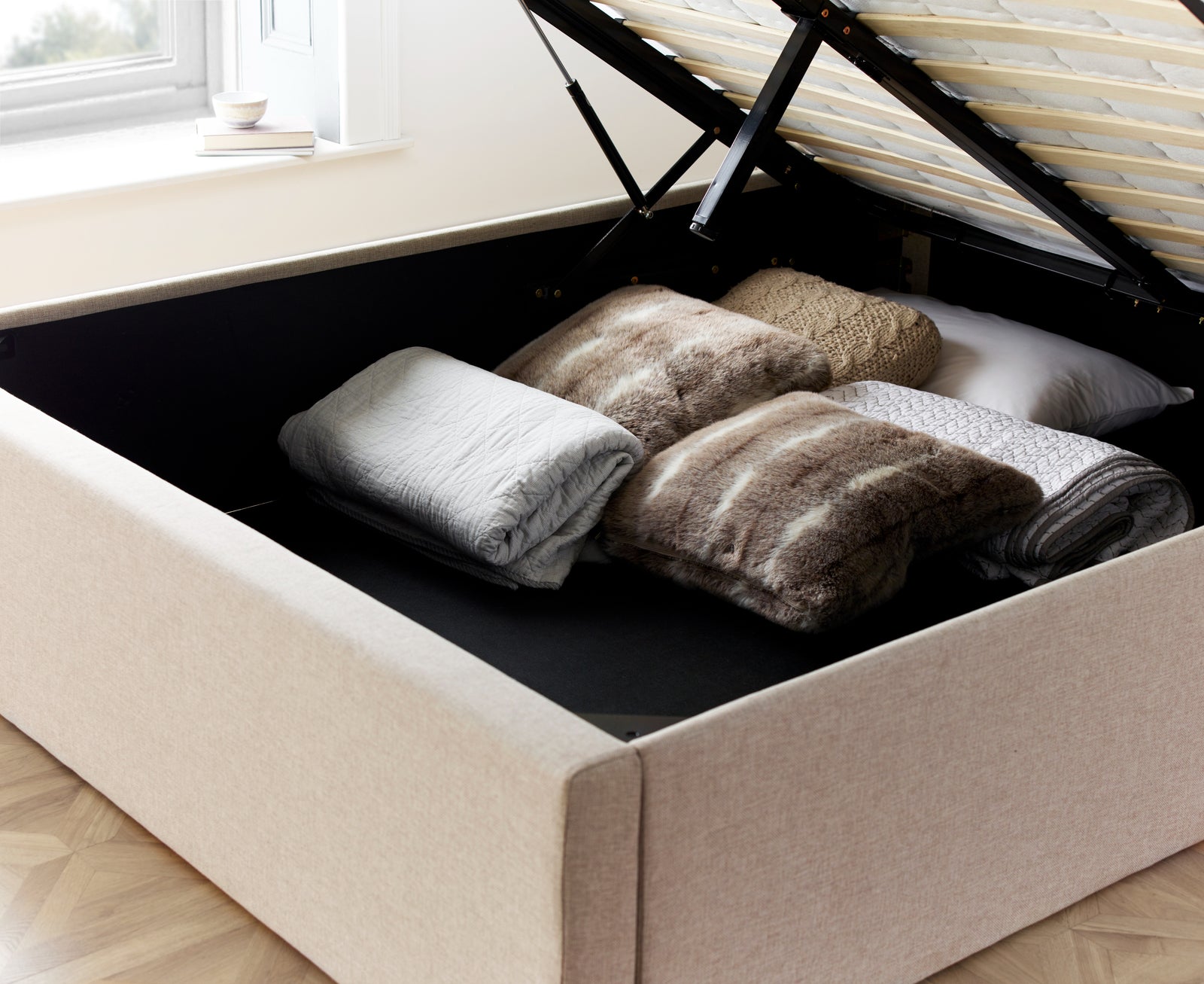 Wilson Fabric Ottoman Bed | Double | Beige