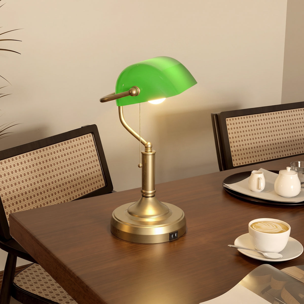 HOMCOM Desk Lamp With Vintage Bronze Tone Base, Pull Rope Switch, Green