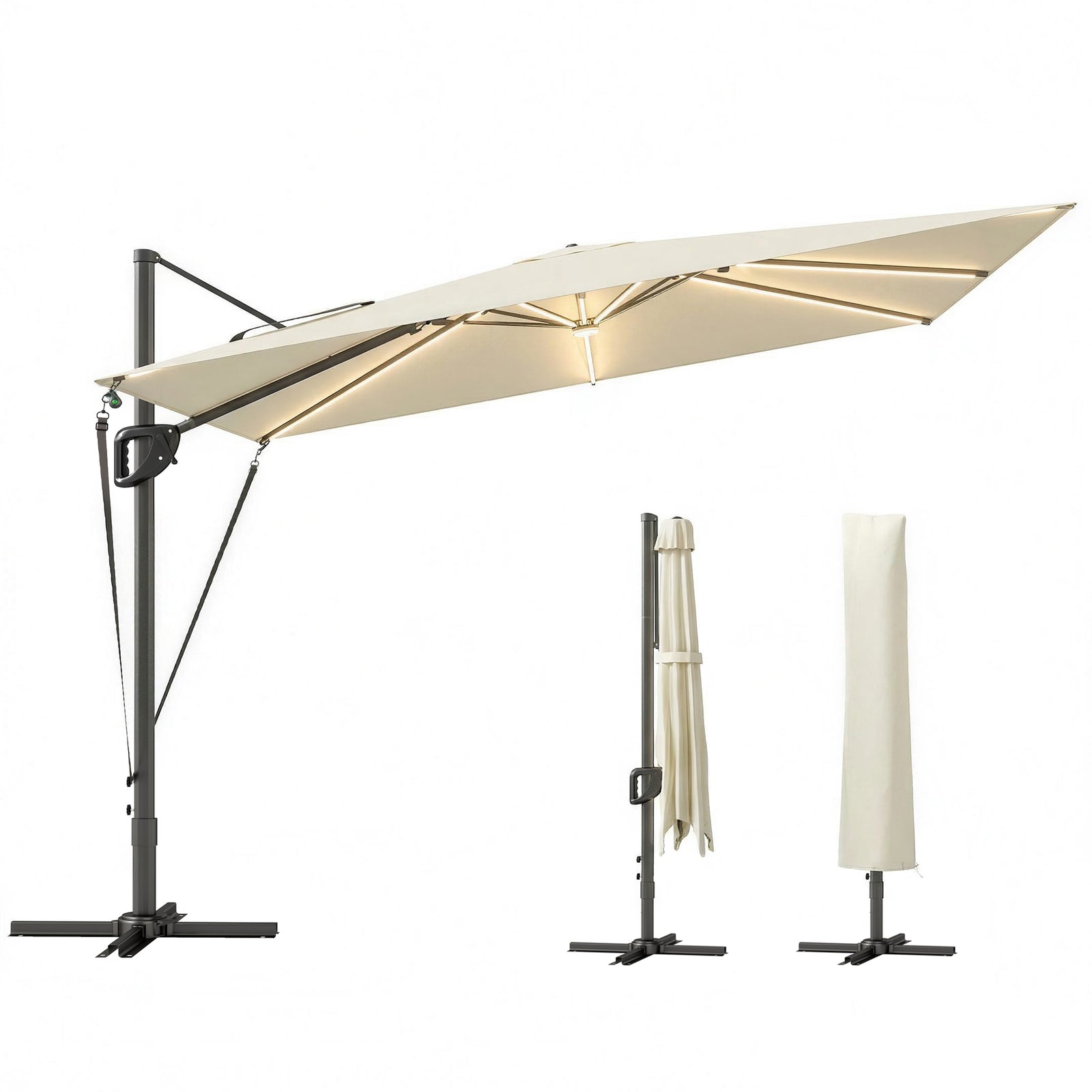 3 X 3 M Garden Cantilever Parasol W/ Light, Cover, Wind Protection | Cream