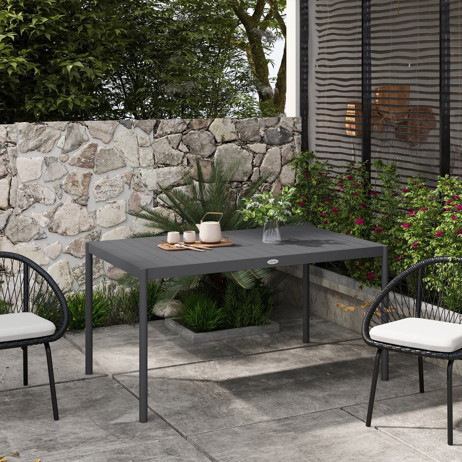 145cm Garden Table For 6, Slatted Aluminum Top, Dark Grey
