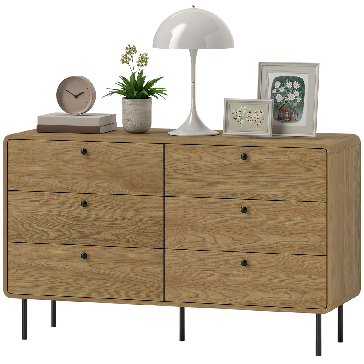 HOMCOM Chest Of Drawers For Bedroom, Modern 6 Drawer Dresser, Oak