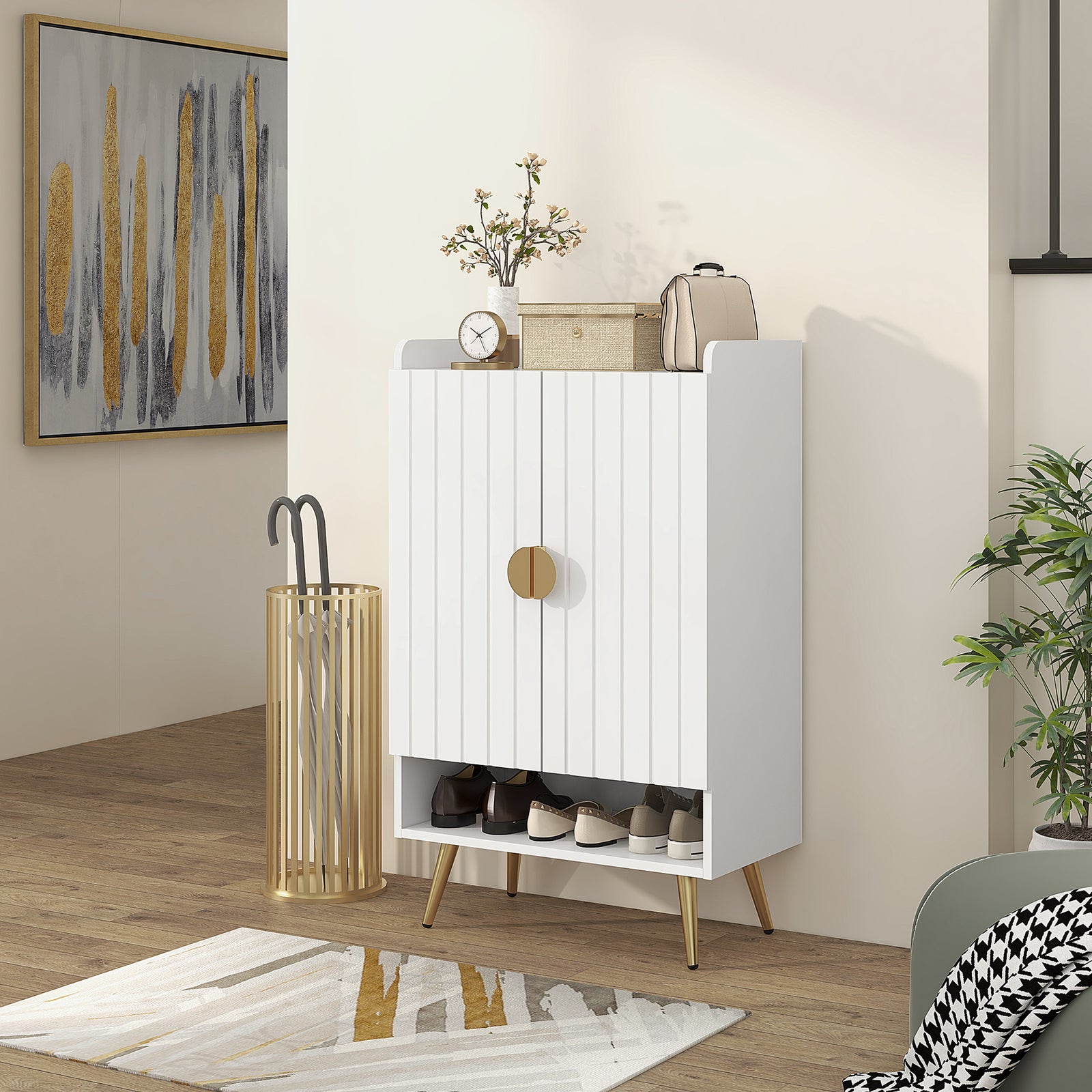 Shoe Storage Cabinet With Beadboard Doors For 15 Pairs | One Size | White