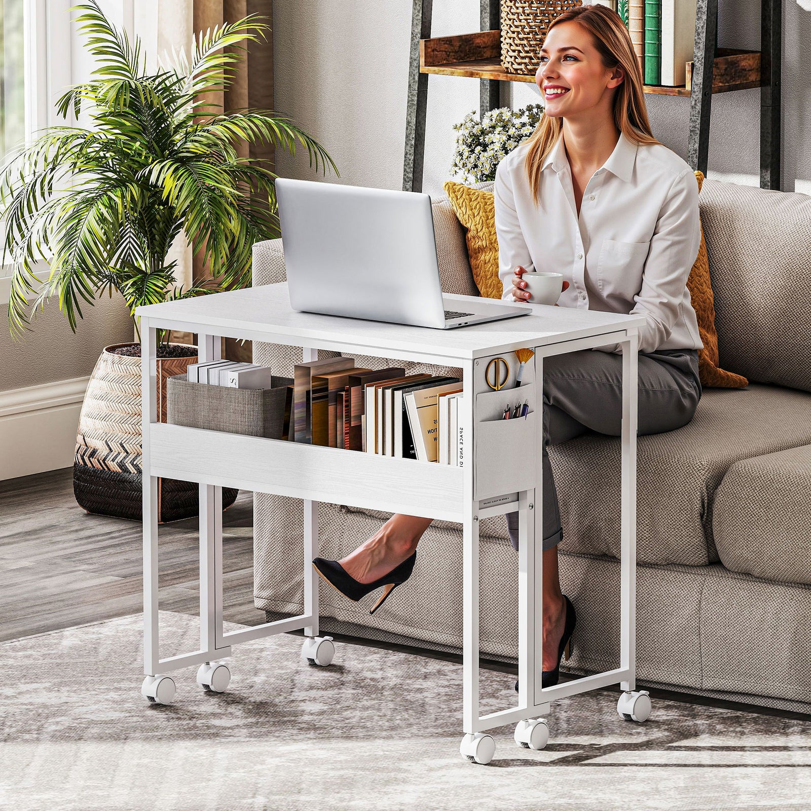 80 Cm Foldable Computer Desk On Wheels For Small Spaces | White