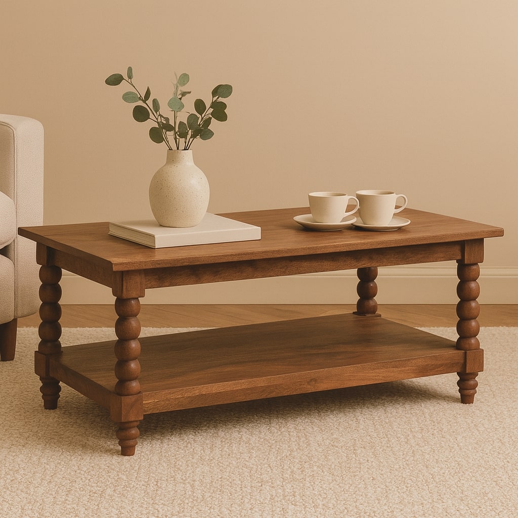 Spindle Coffee Table,1 Big Open Slot, Beige