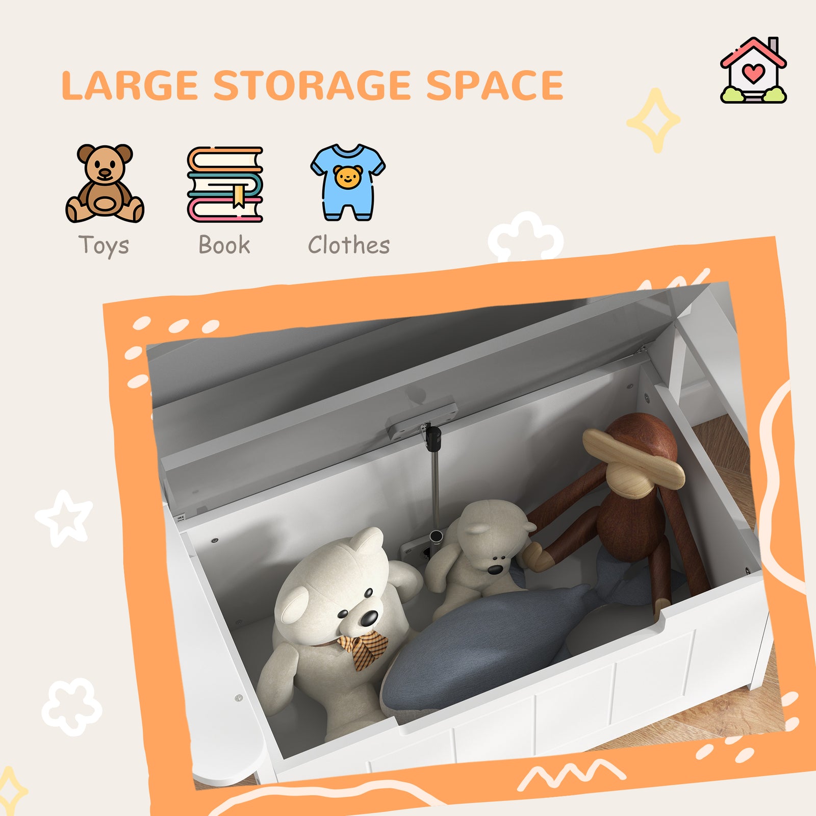 2 In 1 Toy Box For Kids With Safety Lid For Bedroom, Nursery | Grey