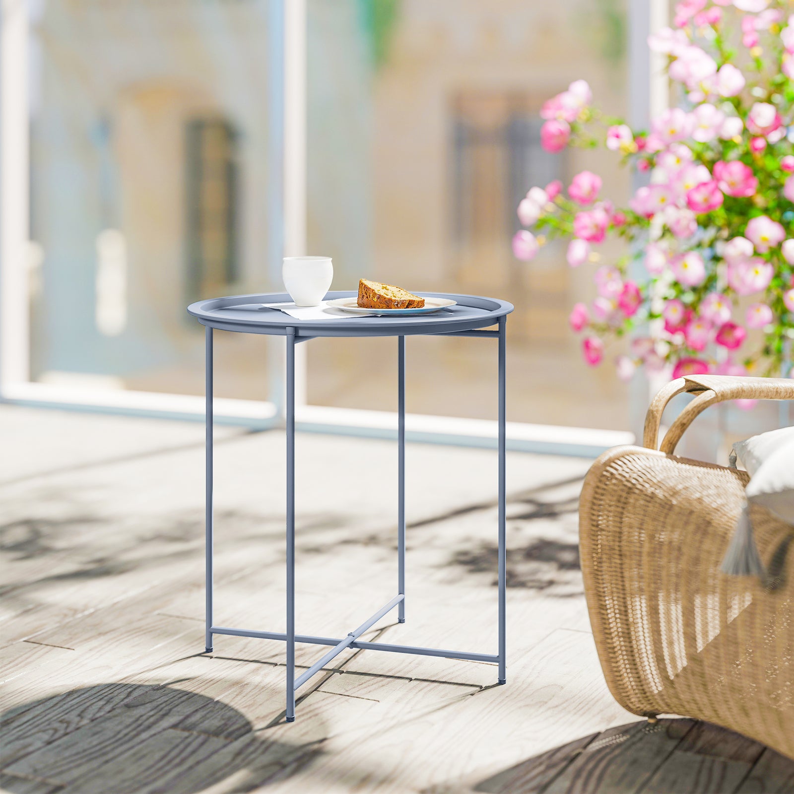 46cm Round Garden Table Side Table With Removable Tray | Blue