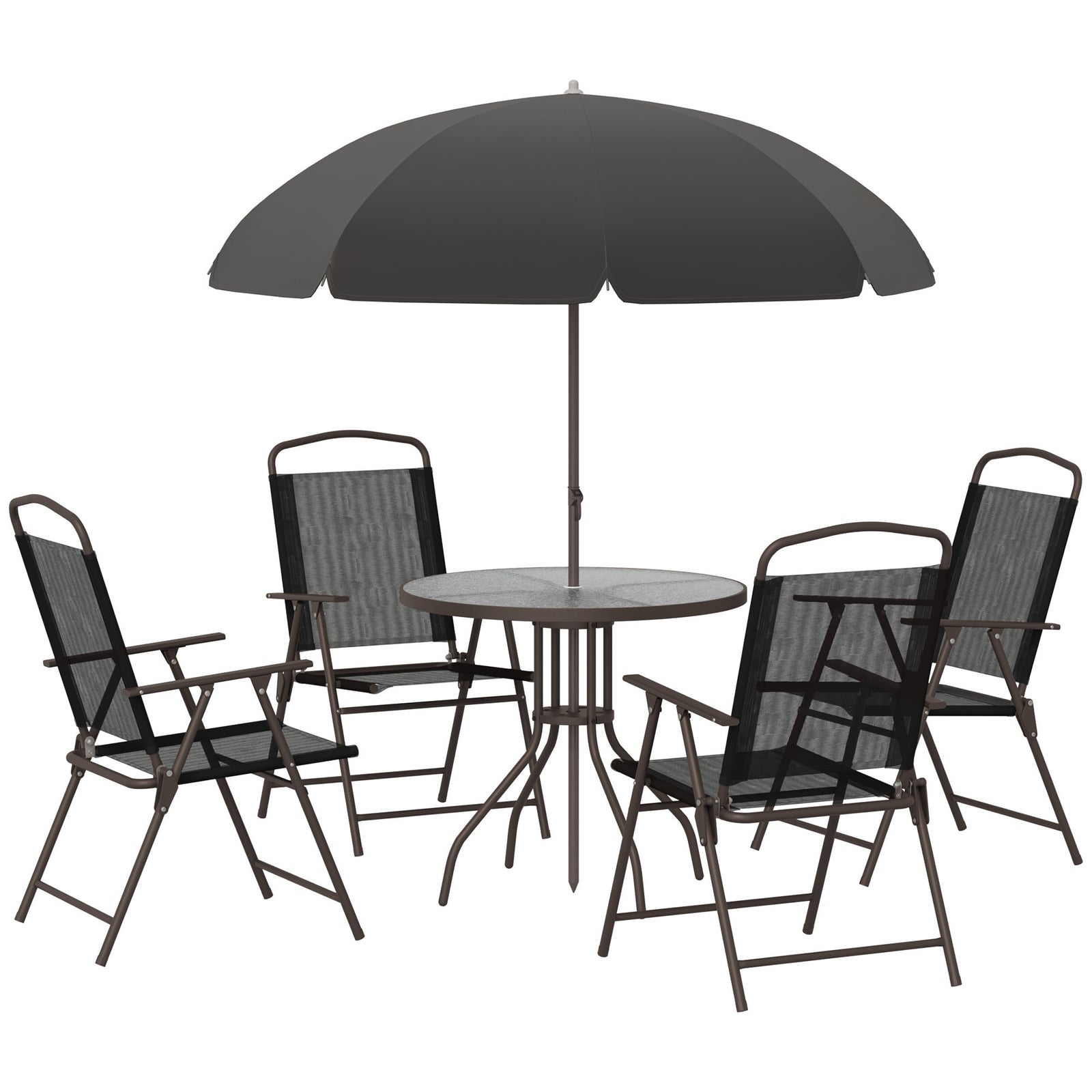 6pc Garden Dining Set Furniture Folding Chairs Table Parasol | Black