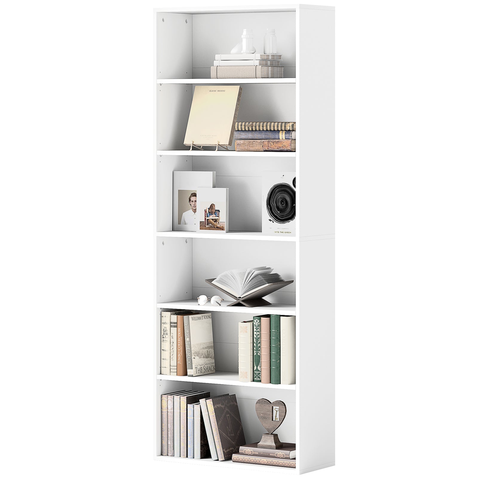 6 Tier Bookshelf, Freestanding Bookcase Adjustable Shelves | One Size | White