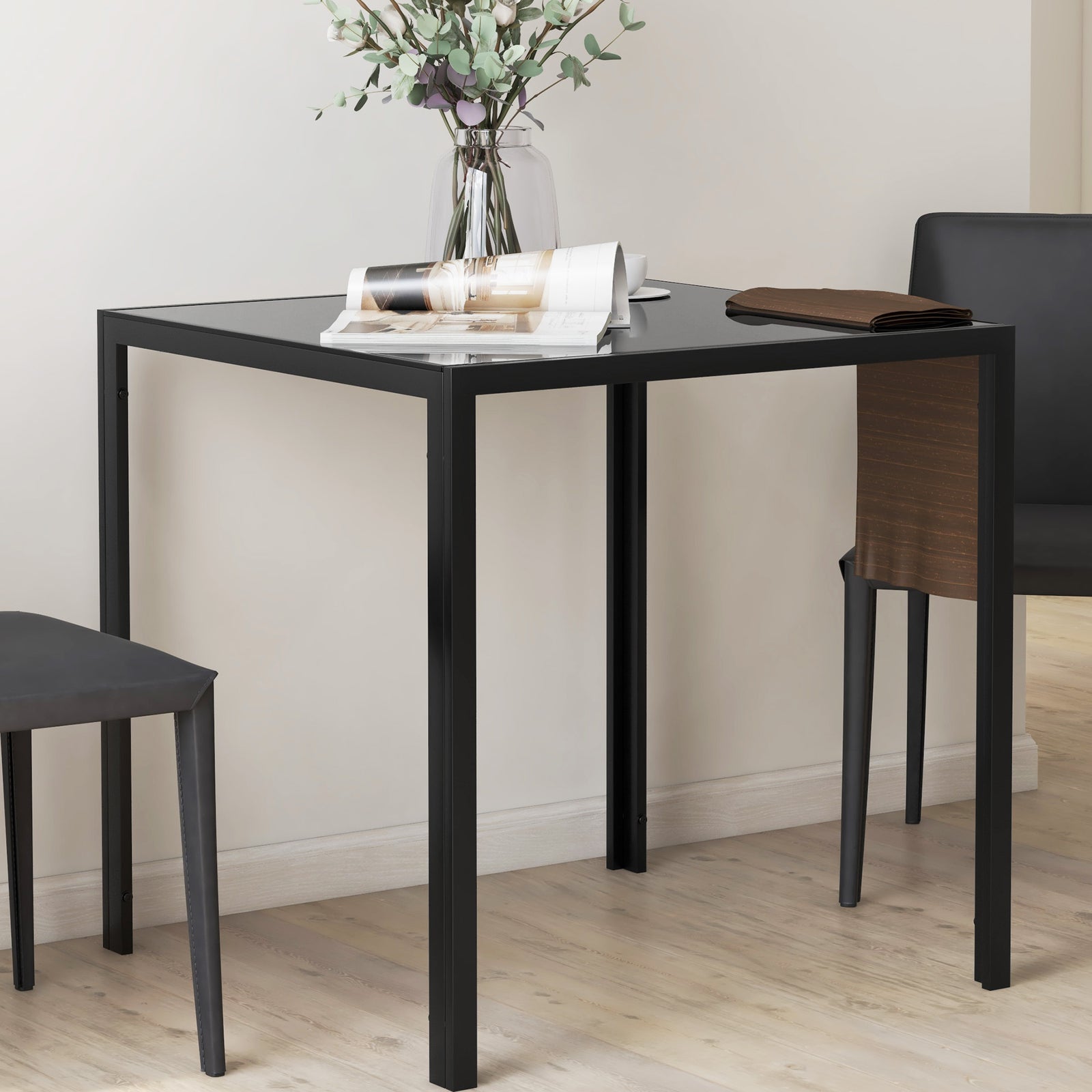 HOMCOM Modern Square Dining Table With Tempered Glass Top Metal Legs