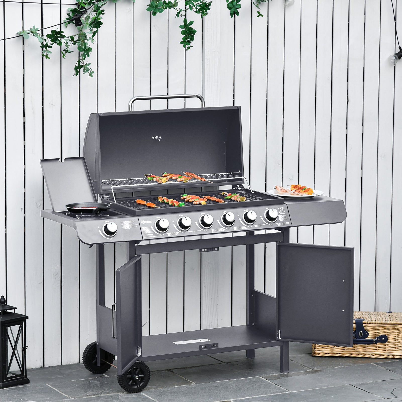 Outsunny 6+1 Burner Gas Bbq Grill Garden Barbecue W/ Wheels, Cabinet